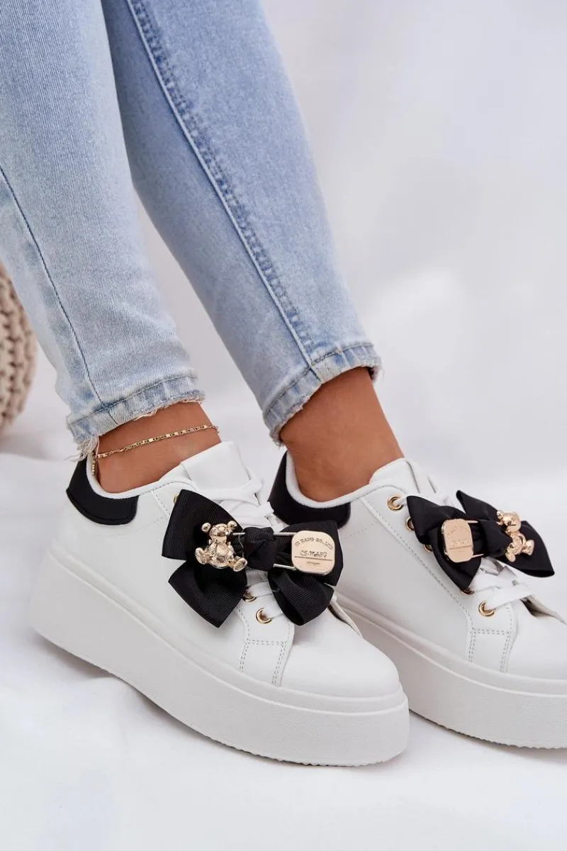 Buty Sportowe Na Platformie|Sneakersy Damskie>Boto Sneakersy Damskie Z Kokardką I Broszką Z Misiem Biało-Czarne Leathria