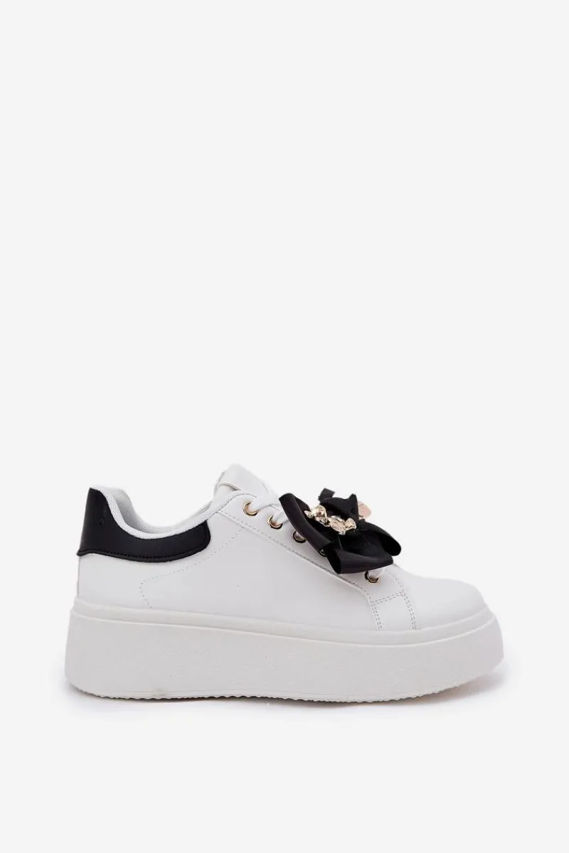 Buty Sportowe Na Platformie|Sneakersy Damskie>Boto Sneakersy Damskie Z Kokardką I Broszką Z Misiem Biało-Czarne Leathria