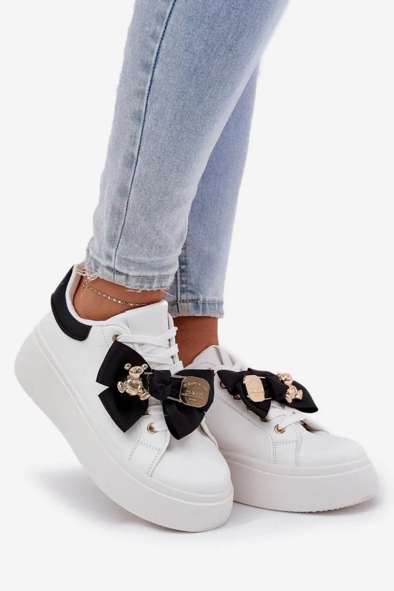 Buty Sportowe Na Platformie|Sneakersy Damskie>Boto Sneakersy Damskie Z Kokardką I Broszką Z Misiem Biało-Czarne Leathria