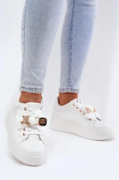 Online Sneakersy Damskie Z Kokardką I Broszką Z Misiem Białe Leathria Damskie Buty Sportowe Na Platformie|Sneakersy Damskie