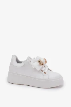 Online Sneakersy Damskie Z Kokardką I Broszką Z Misiem Białe Leathria Damskie Buty Sportowe Na Platformie|Sneakersy Damskie