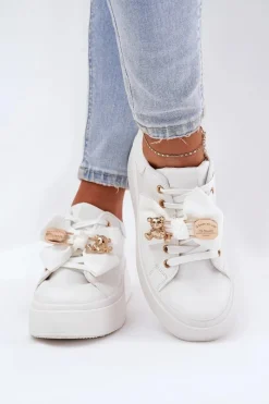 Online Sneakersy Damskie Z Kokardką I Broszką Z Misiem Białe Leathria Damskie Buty Sportowe Na Platformie|Sneakersy Damskie