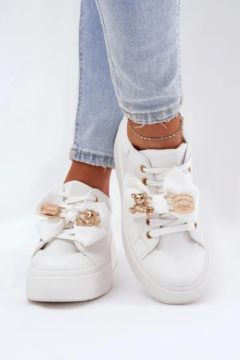 Online Sneakersy Damskie Z Kokardką I Broszką Z Misiem Białe Leathria Damskie Buty Sportowe Na Platformie|Sneakersy Damskie