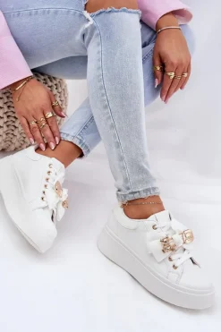 Online Sneakersy Damskie Z Kokardką I Broszką Z Misiem Białe Leathria Damskie Buty Sportowe Na Platformie|Sneakersy Damskie