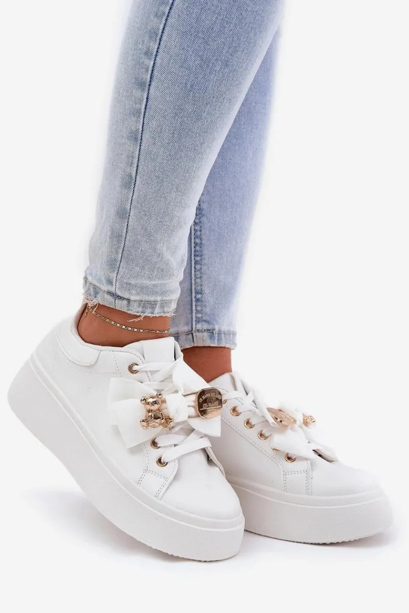 Online Sneakersy Damskie Z Kokardką I Broszką Z Misiem Białe Leathria Damskie Buty Sportowe Na Platformie|Sneakersy Damskie
