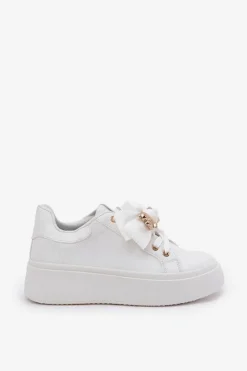 Online Sneakersy Damskie Z Kokardką I Broszką Z Misiem Białe Leathria Damskie Buty Sportowe Na Platformie|Sneakersy Damskie
