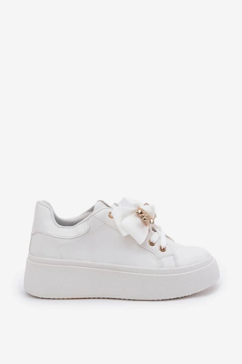 Online Sneakersy Damskie Z Kokardką I Broszką Z Misiem Białe Leathria Damskie Buty Sportowe Na Platformie|Sneakersy Damskie