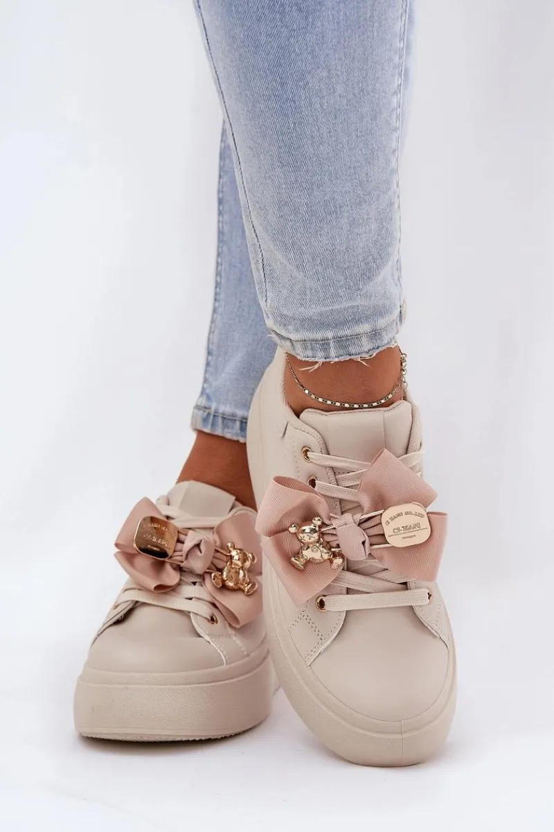 Online Boto Sneakersy Damskie Z Kokardką I Broszką Z Misiem Beżowe Leathria