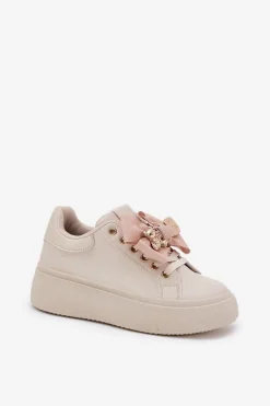 Online Boto Sneakersy Damskie Z Kokardką I Broszką Z Misiem Beżowe Leathria