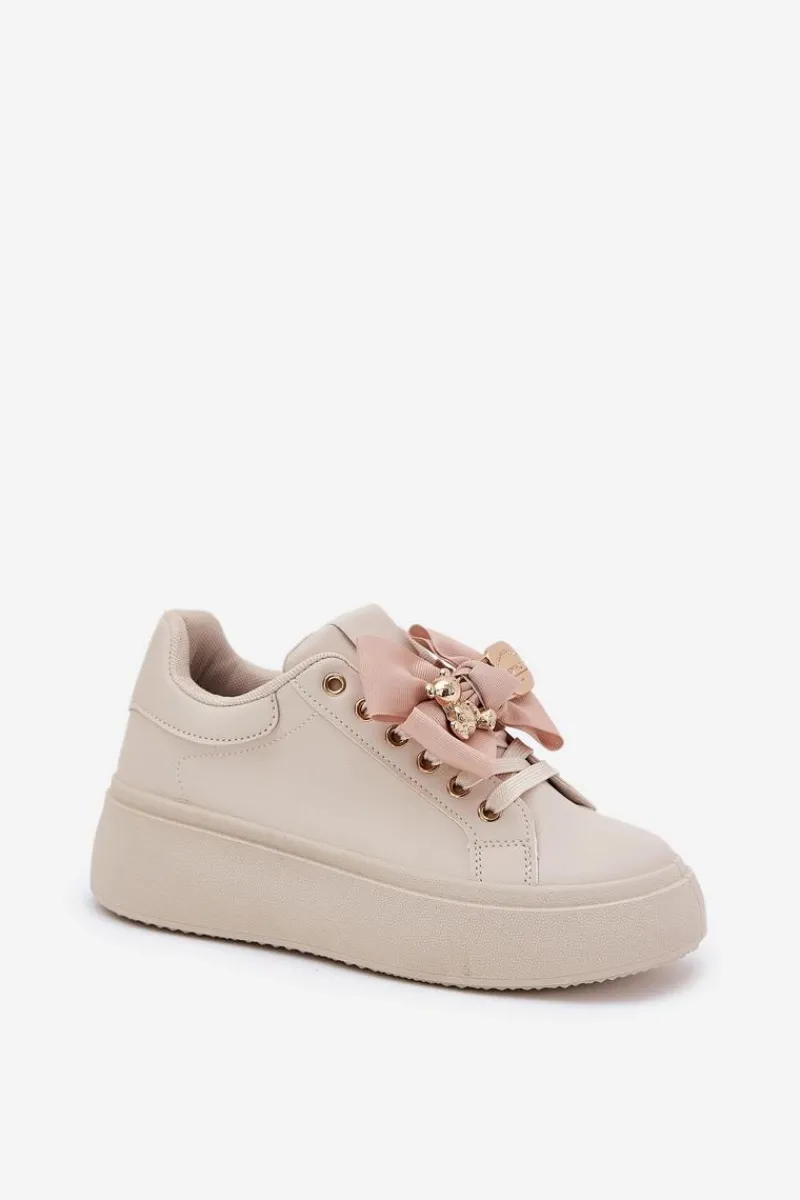 Online Boto Sneakersy Damskie Z Kokardką I Broszką Z Misiem Beżowe Leathria
