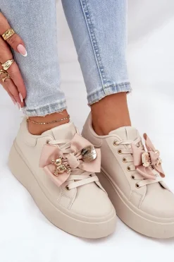 Online Boto Sneakersy Damskie Z Kokardką I Broszką Z Misiem Beżowe Leathria