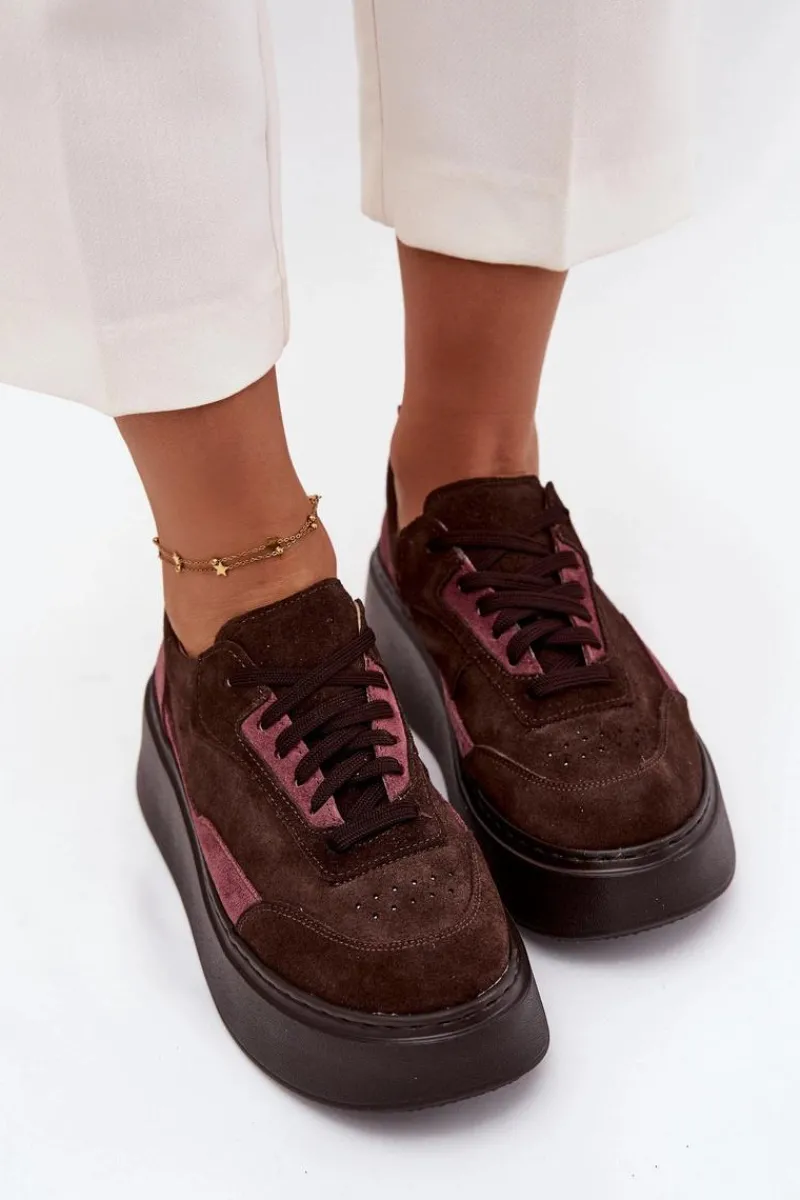 Sale Sneakersy Damskie Z Naturalnego Zamszu Na Platformie N1265S3 Czekoladowe Damskie Buty Sportowe Na Platformie|Sneakersy Damskie