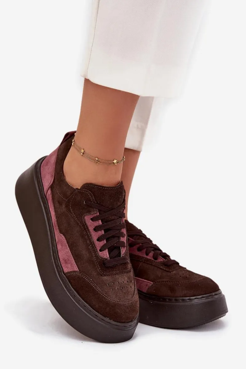 Sale Sneakersy Damskie Z Naturalnego Zamszu Na Platformie N1265S3 Czekoladowe Damskie Buty Sportowe Na Platformie|Sneakersy Damskie