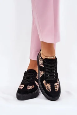 Clearance Boto Sneakersy Damskie Z Panterką Na Platformie Czarne Nativira Czarny