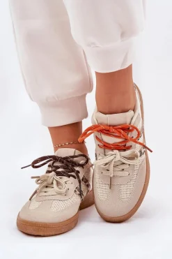Best Sneakersy Damskie Z Podwójnym Sznurowaniem Panterka Beżowe Ollabes Damskie Sneakersy Damskie