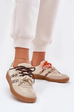 Best Sneakersy Damskie Z Podwójnym Sznurowaniem Panterka Beżowe Ollabes Damskie Sneakersy Damskie