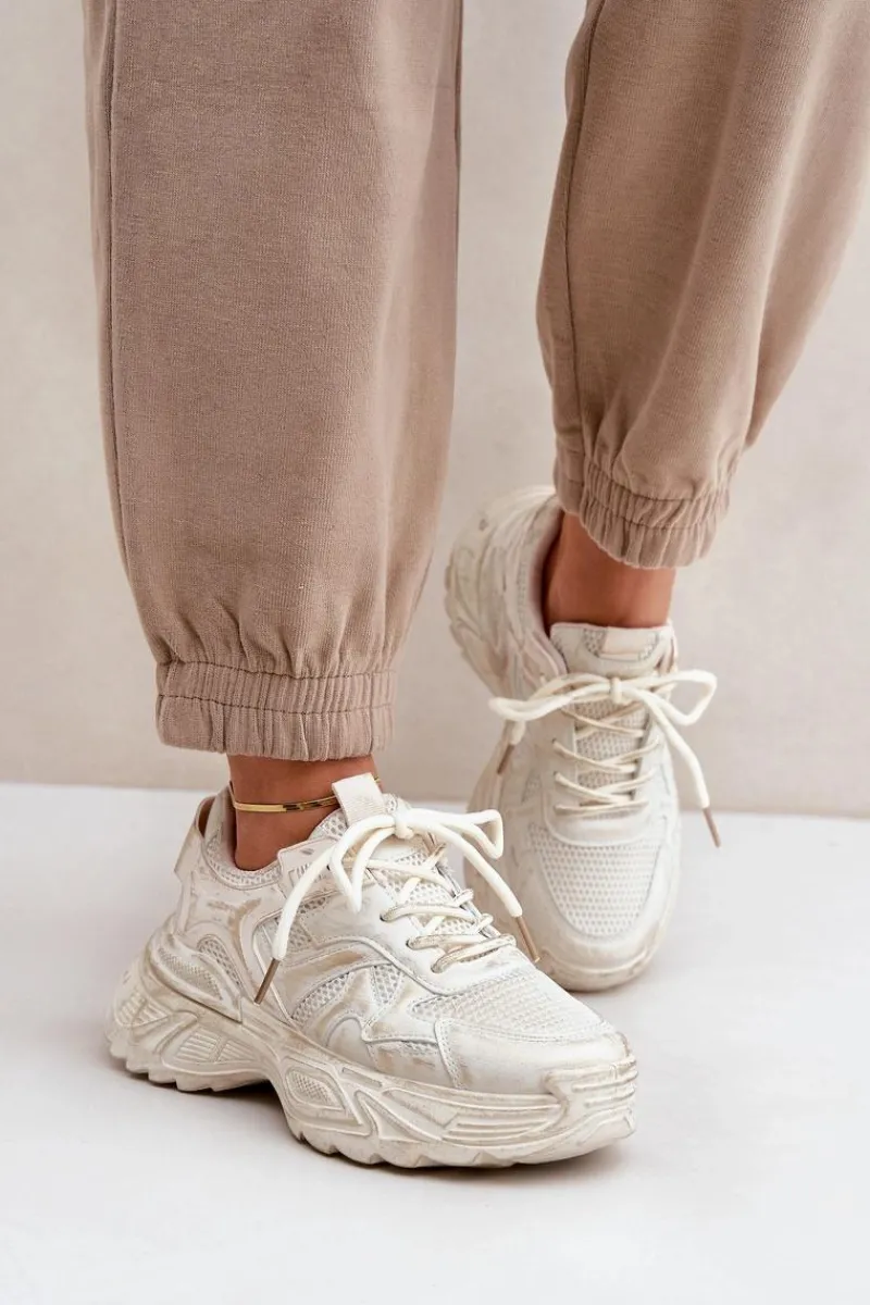 Sneakersy Damskie>Boto Sneakersy Damskie Z Przetarciami Na Platformie Beżowe Seladwen Beżowy