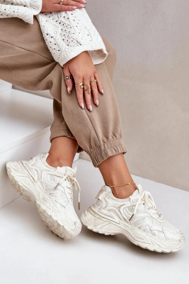 Sneakersy Damskie>Boto Sneakersy Damskie Z Przetarciami Na Platformie Beżowe Seladwen Beżowy