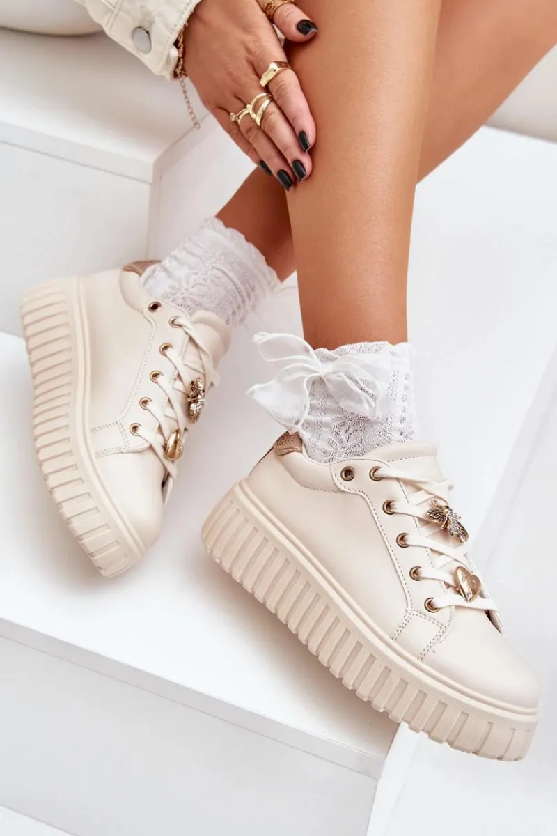 Buty Sportowe Na Platformie|Sneakersy Damskie>Evento Sneakersy Damskie Z Przypinkami Beżowe Grelesi Beżowy