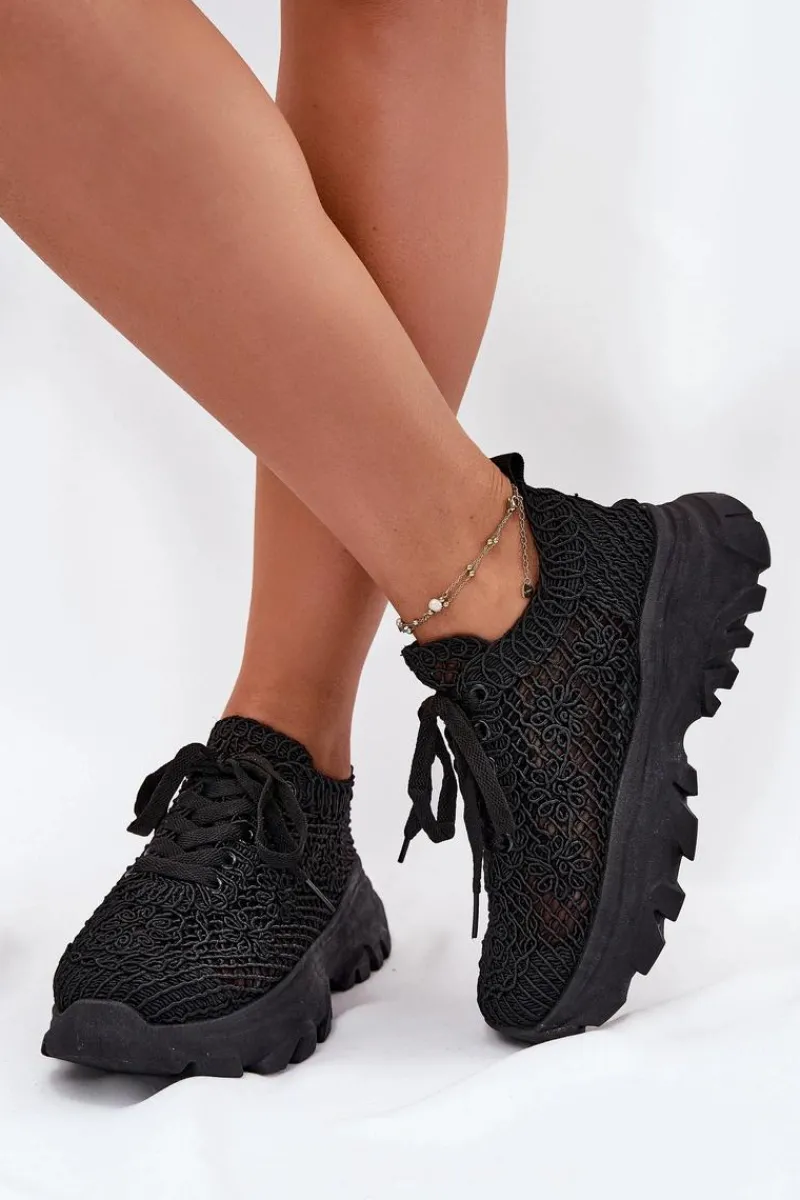 Sneakersy Damskie>Boto Sneakersy Damskie Z Szydełkową Cholewką Czarne Jelhiris Czarny