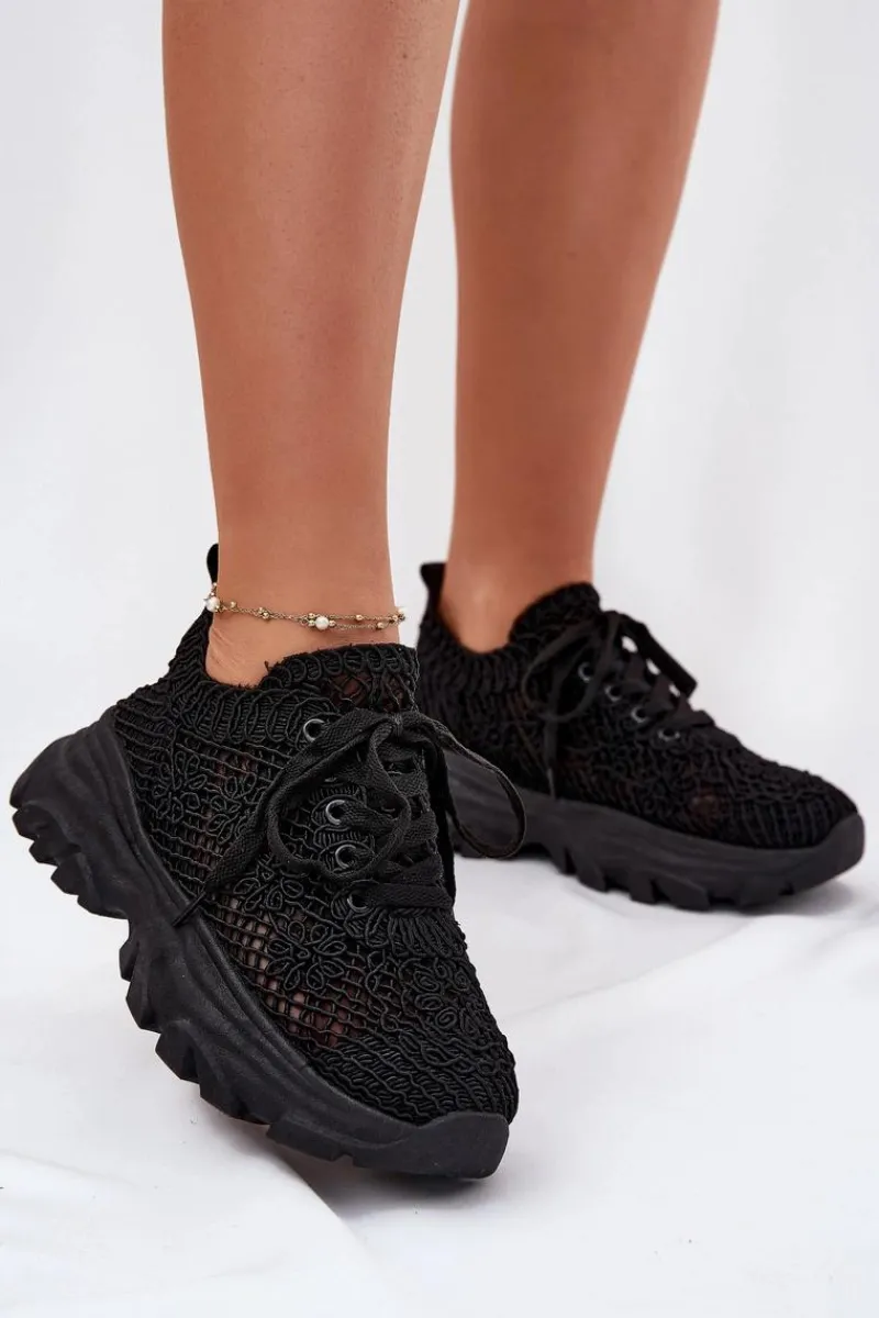 Sneakersy Damskie>Boto Sneakersy Damskie Z Szydełkową Cholewką Czarne Jelhiris Czarny