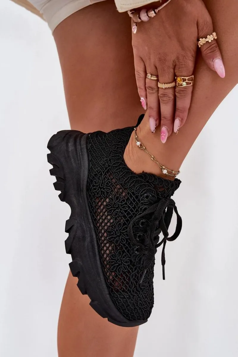 Sneakersy Damskie>Boto Sneakersy Damskie Z Szydełkową Cholewką Czarne Jelhiris Czarny