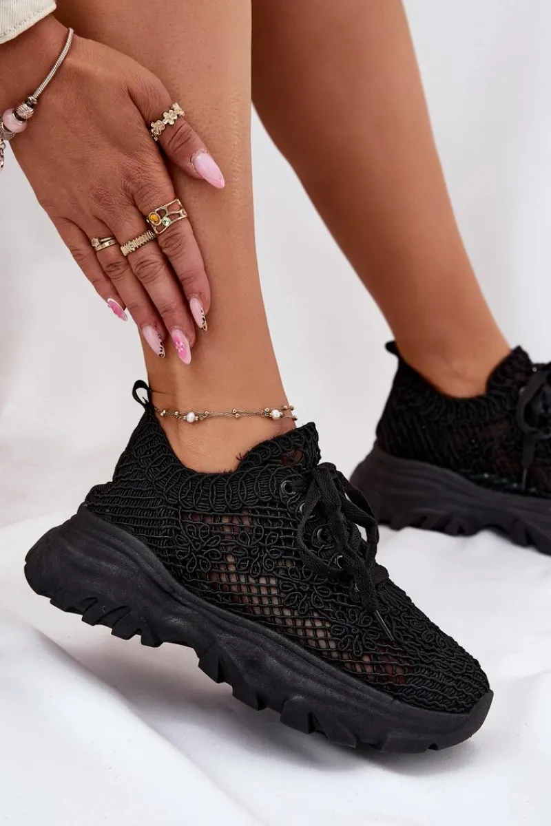 Sneakersy Damskie>Boto Sneakersy Damskie Z Szydełkową Cholewką Czarne Jelhiris Czarny