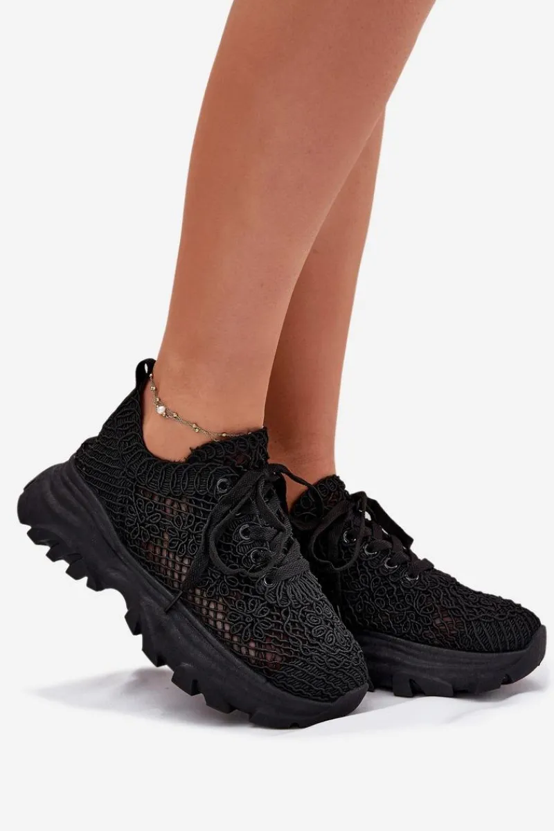 Sneakersy Damskie>Boto Sneakersy Damskie Z Szydełkową Cholewką Czarne Jelhiris Czarny