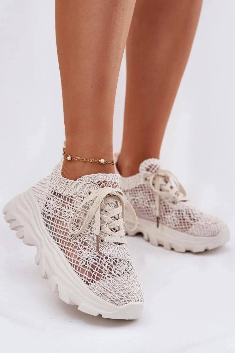 Sneakersy Damskie Z Szydełkową Cholewką Beżowe Jelhiris Damskie Sneakersy Damskie