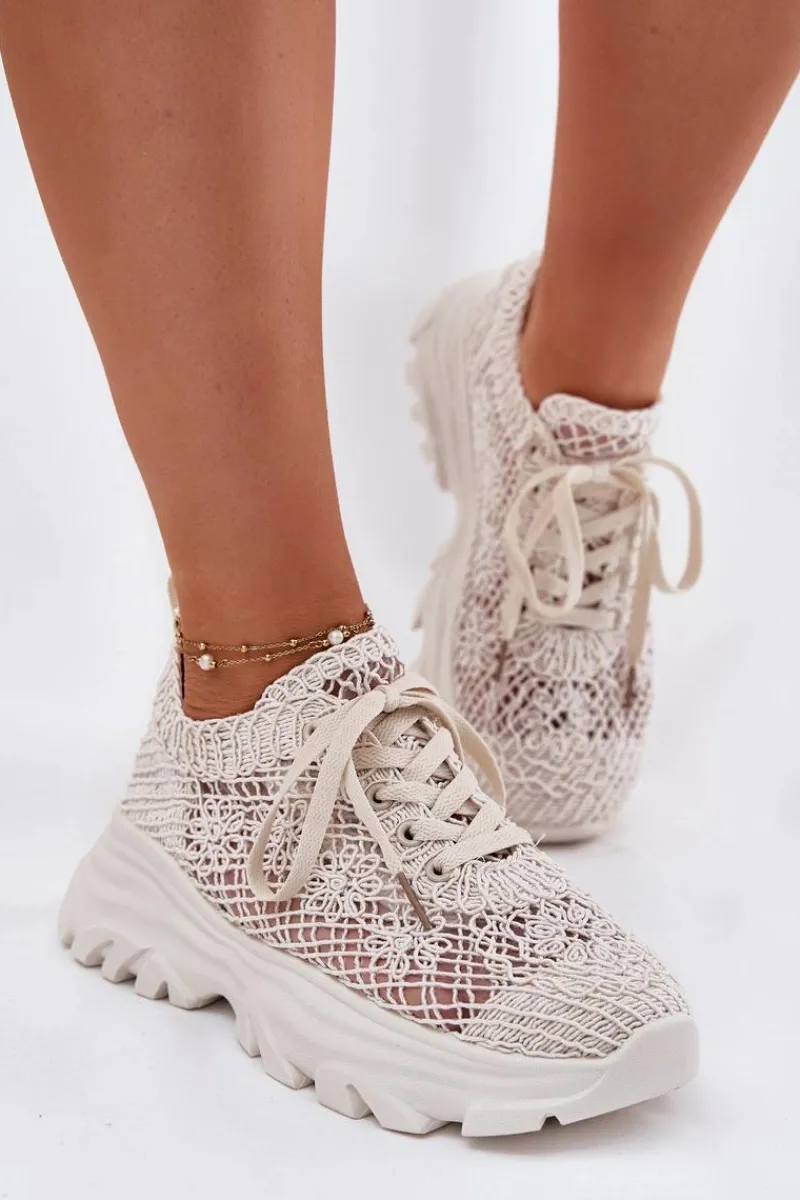Sneakersy Damskie Z Szydełkową Cholewką Beżowe Jelhiris Damskie Sneakersy Damskie