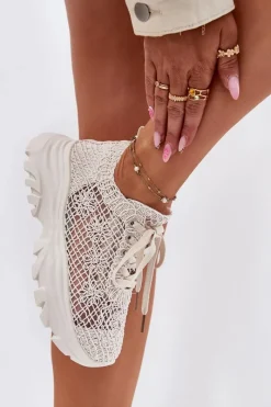 Sneakersy Damskie Z Szydełkową Cholewką Beżowe Jelhiris Damskie Sneakersy Damskie