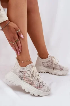 Sneakersy Damskie Z Szydełkową Cholewką Beżowe Jelhiris Damskie Sneakersy Damskie