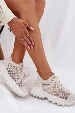 Sneakersy Damskie Z Szydełkową Cholewką Beżowe Jelhiris Damskie Sneakersy Damskie