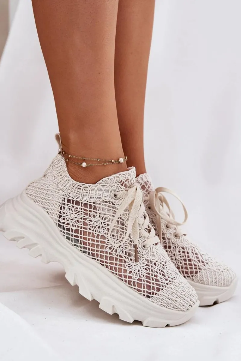 Sneakersy Damskie Z Szydełkową Cholewką Beżowe Jelhiris Damskie Sneakersy Damskie
