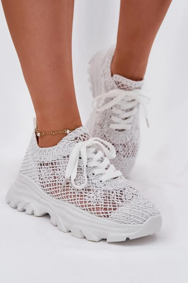 Sneakersy Damskie>Boto Sneakersy Damskie Z Szydełkową Cholewką Białe Jelhiris