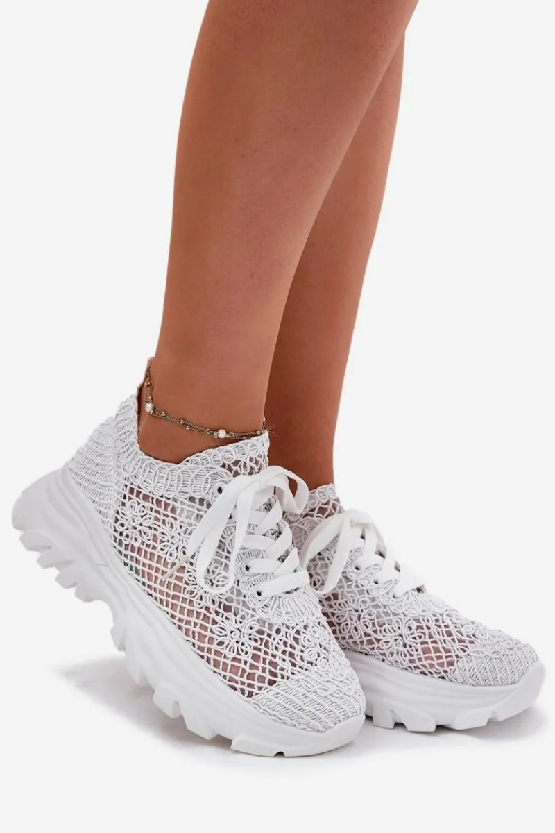 Sneakersy Damskie>Boto Sneakersy Damskie Z Szydełkową Cholewką Białe Jelhiris