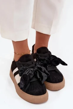 Online Sneakersy Damskie Z Welurową Kokardą Czarne Ashlyn Damskie Buty Sportowe Na Platformie|Sneakersy Damskie
