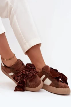 Sneakersy Damskie Z Welurową Kokardą Brązowe Ashlyn Damskie Buty Sportowe Na Platformie|Sneakersy Damskie