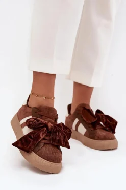 Sneakersy Damskie Z Welurową Kokardą Brązowe Ashlyn Damskie Buty Sportowe Na Platformie|Sneakersy Damskie