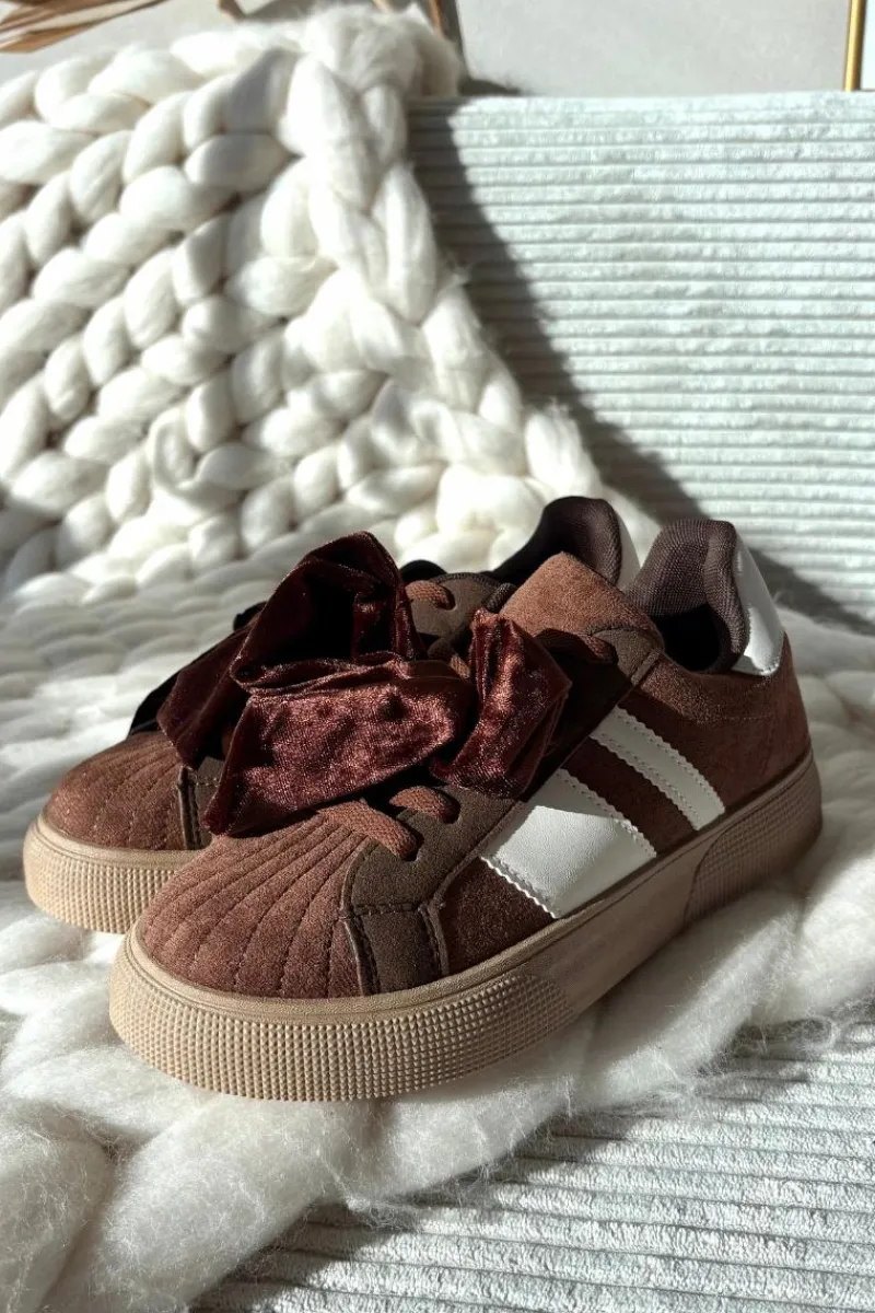 Sneakersy Damskie Z Welurową Kokardą Brązowe Ashlyn Damskie Buty Sportowe Na Platformie|Sneakersy Damskie