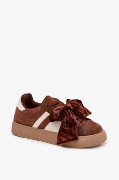 Sneakersy Damskie Z Welurową Kokardą Brązowe Ashlyn Damskie Buty Sportowe Na Platformie|Sneakersy Damskie