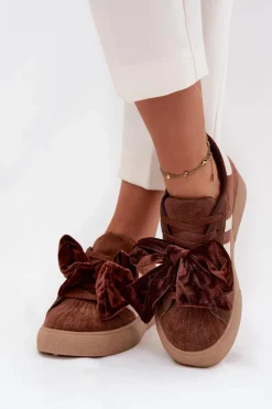 Sneakersy Damskie Z Welurową Kokardą Brązowe Ashlyn Damskie Buty Sportowe Na Platformie|Sneakersy Damskie