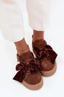 Sneakersy Damskie Z Welurową Kokardą Brązowe Ashlyn Damskie Buty Sportowe Na Platformie|Sneakersy Damskie