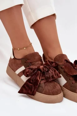 Sneakersy Damskie Z Welurową Kokardą Brązowe Ashlyn Damskie Buty Sportowe Na Platformie|Sneakersy Damskie