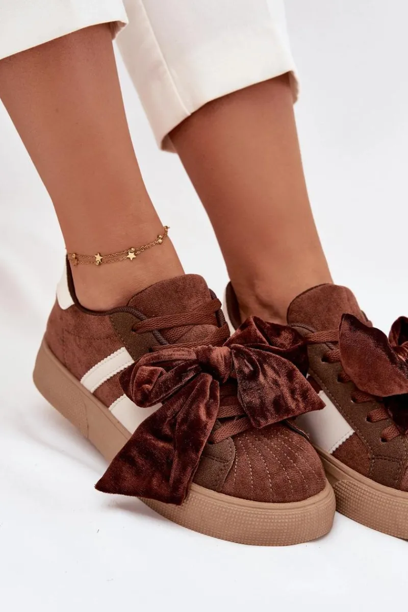 Sneakersy Damskie Z Welurową Kokardą Brązowe Ashlyn Damskie Buty Sportowe Na Platformie|Sneakersy Damskie