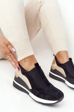 Sale Sneakersy Na Koturnie Wsuwane Vinceza 10593 Czarno-Złote Damskie Sneakersy Damskie