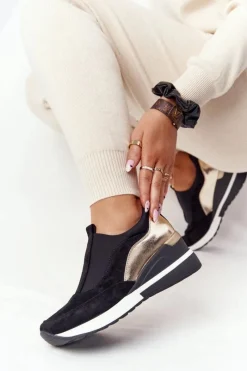 Sale Sneakersy Na Koturnie Wsuwane Vinceza 10593 Czarno-Złote Damskie Sneakersy Damskie