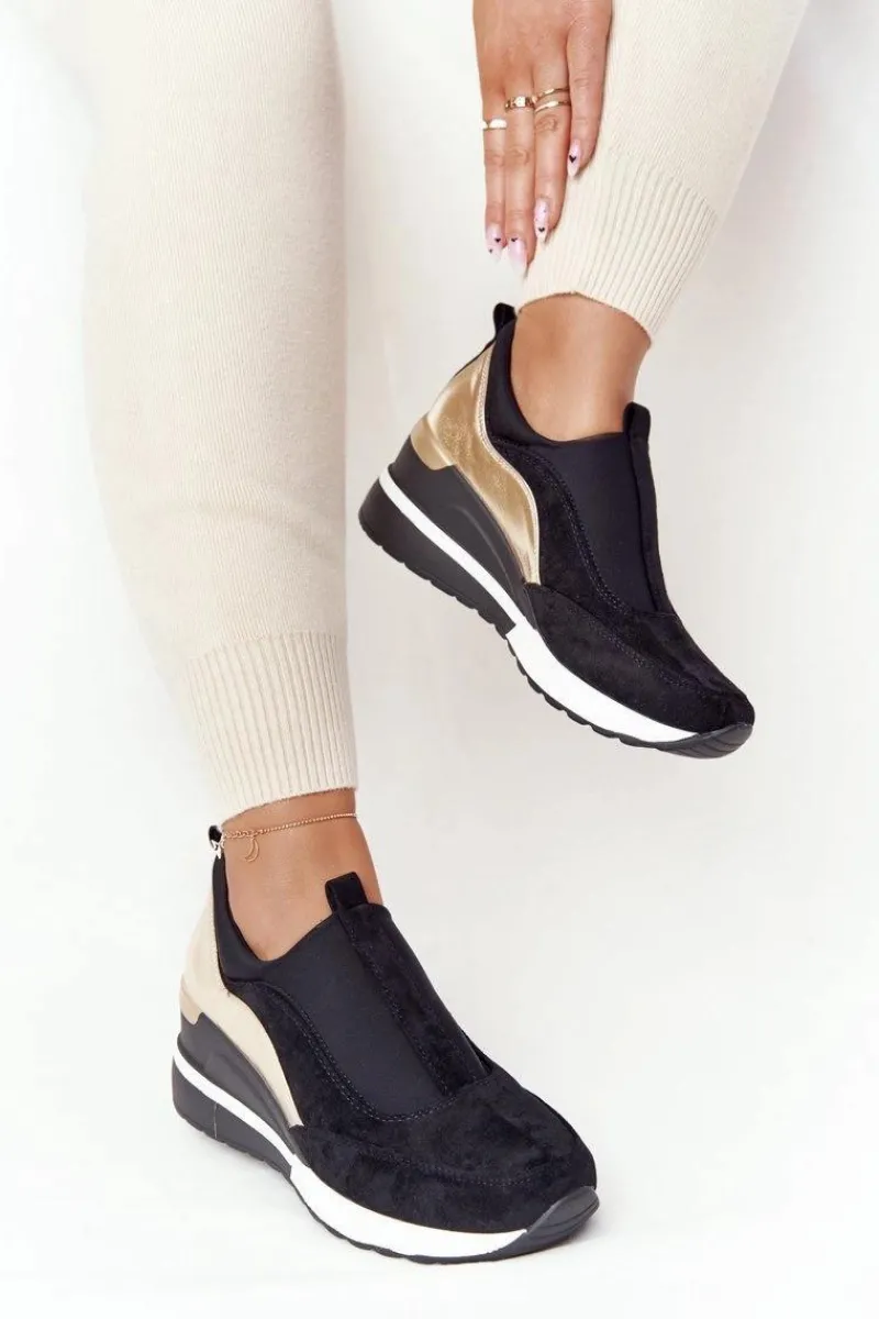 Sale Sneakersy Na Koturnie Wsuwane Vinceza 10593 Czarno-Złote Damskie Sneakersy Damskie