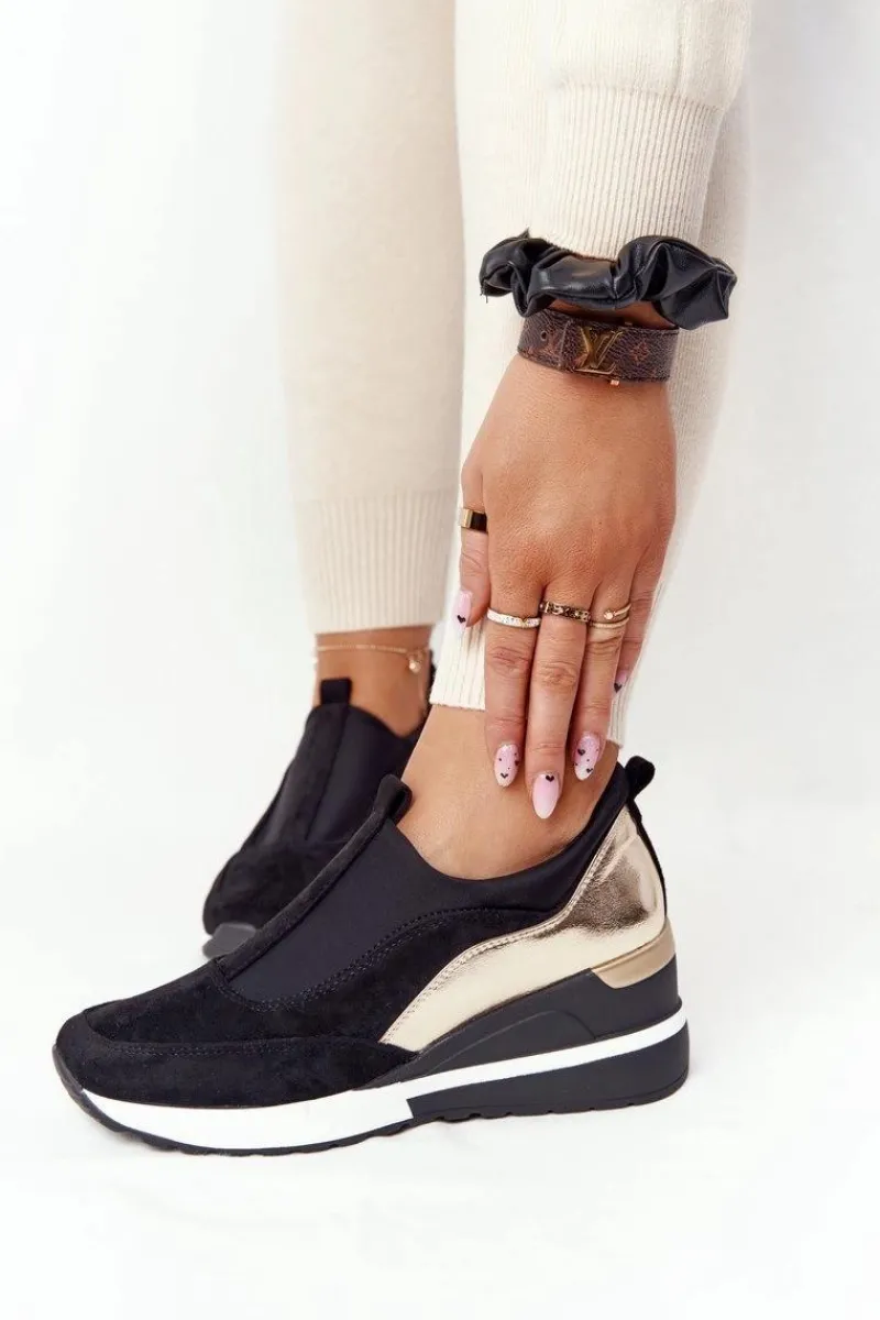Sale Sneakersy Na Koturnie Wsuwane Vinceza 10593 Czarno-Złote Damskie Sneakersy Damskie