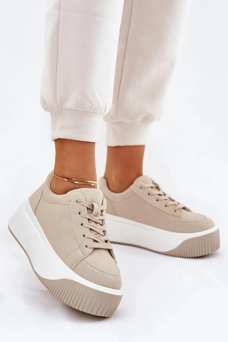 New Sneakersy Na Masywnej Platformie Gładkie Beżowe Tirvanis Damskie Buty Sportowe Na Platformie|Sneakersy Damskie